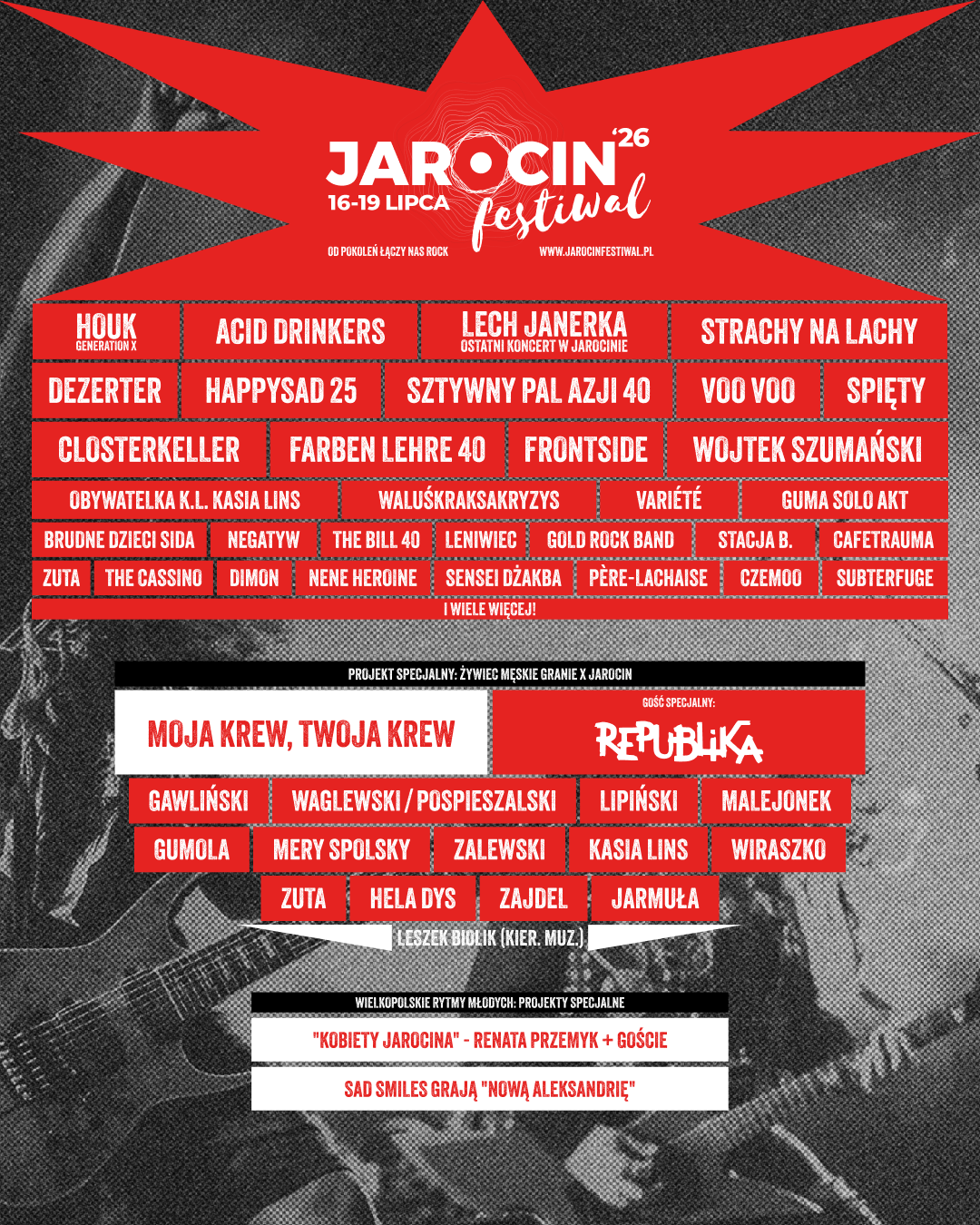 STRACHY NA LACHY, WALUŚKRAKSAKRYZYS, BRUDNE DZIECI SIDA, GUMA SOLO AKT, VARIÉTÉ, NENE HEROINE, DIMoN, SIGMA x SNUTKI I SUBTERFUGE KOLEJNYMI ARTYSTAMI JAROCIN FESTIWAL 2026!